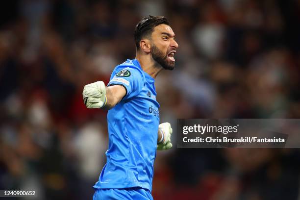Rui Patricio of AS Roma reacts after Nicolo Zaniolo of AS Roma scored a goal to make the score 1-0 during the UEFA Conference League final match...