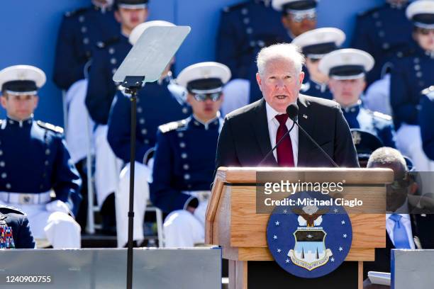 Secretary of the Air Force Frank Kendall delivers an address to Air Force Academy cadets during their graduation ceremony at Falcon Stadium on May...