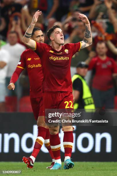 Nicolo Zaniolo of AS Roma celebrates scoring a goal to make the score 1-0 during the UEFA Conference League final match between AS Roma and Feyenoord...