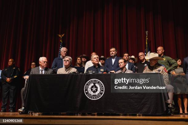 Texas Gov. Greg Abbott speaks during a press conference at Uvalde High School on May 25, 2022 in Uvalde, Texas. On May 24, 21 people were killed,...