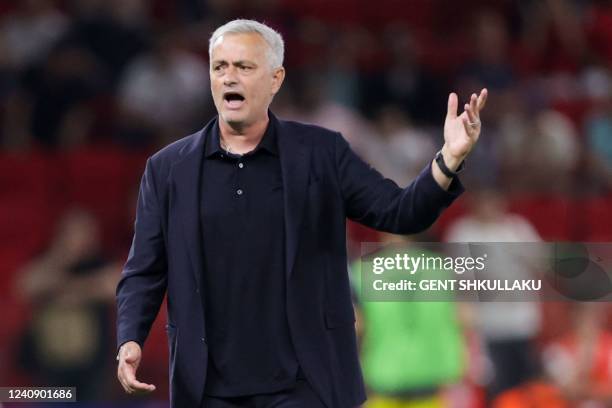 Roma's Portuguese head coach Jose Mourinho reacts during the UEFA Europa Conference League final football match between AS Roma and Feyenoord at the...