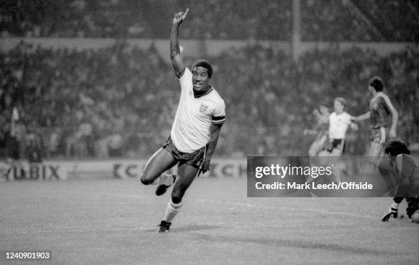September 1985, Wembley - International football qualifying match - England v Romania - John Barnes of England celebrates a goal that was disallowed.