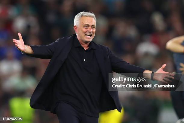 Roma Manager Jose Mourinho celebrates at the end of the UEFA Conference League final match between AS Roma and Feyenoord at Arena Kombetare on May...