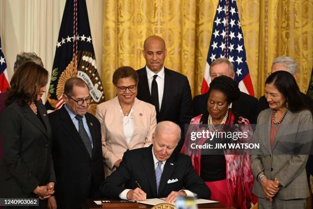 President Joe Biden participates in a signing ceremony in the East Room of the White House in Washington, DC, on May 25, 2022. - Biden signed an...