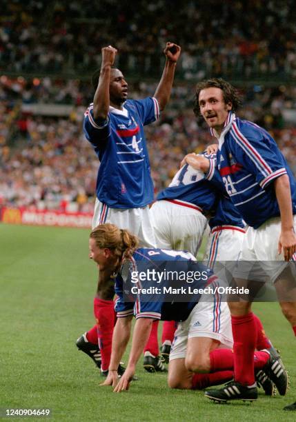 July 1998, Paris - FIFA World Cup - Brazil v France - Emmanuel Petit celebrates with Patrick Vieira and Christophe Dugarry after scoring the third...