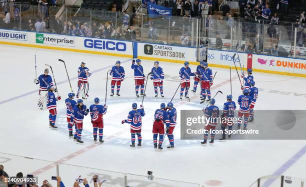 The New York Rangers salute their fans following game 4 of the second round of the NHL Stanley Cup Playoffs between the Carolina Hurricanes and the...