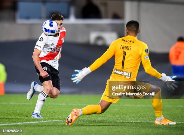 Julian Alvarez of River Plate kicks the ball to score the sixth goal of his team during the Copa CONMEBOL Libertadores 2022 match between River Plate...