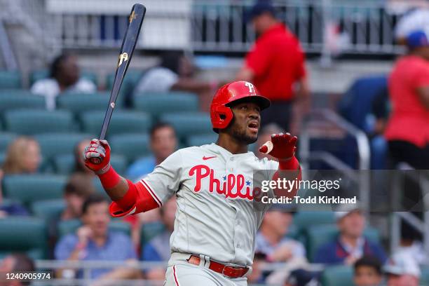 Odubel Herrera of the Philadelphia Phillies reacts after hitting a home run during the second inning against the Atlanta Braves at Truist Park on May...