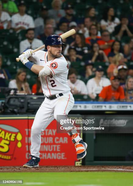 Houston Astros third baseman Alex Bregman watches the pitch in the bottom of the first inning during the baseball game between the Cleveland...