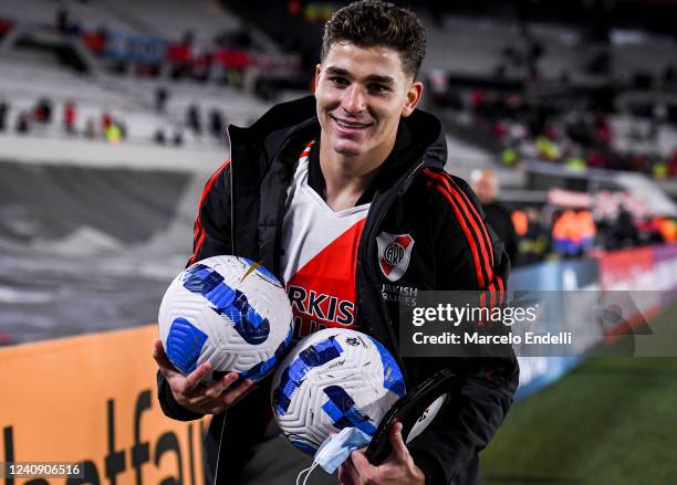 Julian Alvarez of River Plate pose for a photo after scoring six goals in the victory of his team in the Copa CONMEBOL Libertadores 2022 match...