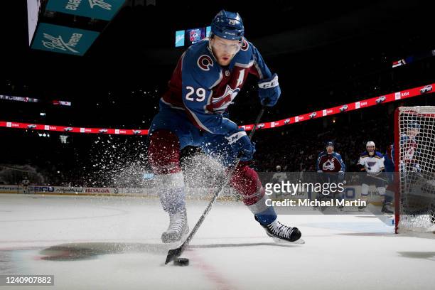 Nathan MacKinnon of the Colorado Avalanche skates against the St. Louis Blues in Game Five of the Second Round of the 2022 Stanley Cup Playoffs at...