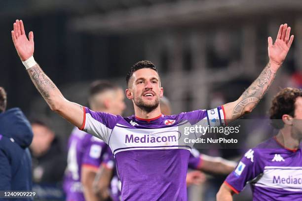 Cristiano Biraghi celebrates after scoring a goal during the italian soccer Serie A match ACF Fiorentina vs Genoa CFC on January 17, 2022 at the...