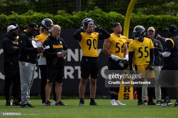 Pittsburgh Steelers linebacker T.J. Watt takes part in a drill during the team's OTA practice on May 25 at the Steelers Practice Facility in...