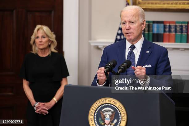 President Joe Biden joined by First Lady Jill Biden, speaks to the nation about the mass shooting at Robb Elementary School in Uvalde, Texas, from...