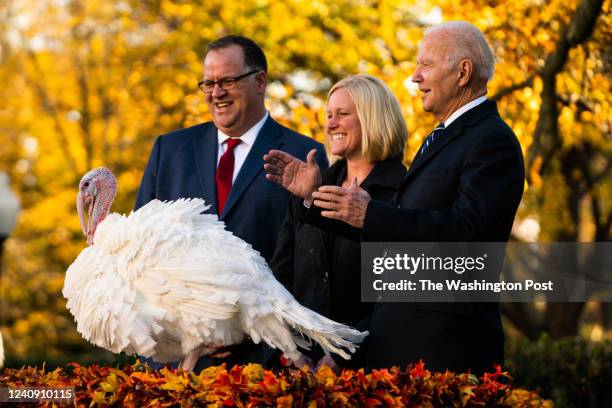 November 19, 2021: US President Joe Biden pardons Peanut Butter, the national Thanksgiving turkey, during the 74th anniversary of the National...
