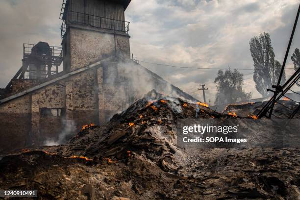 The ashes of burnt grain can be seen in a grain silo in Sivers'k, Donbas. Russian shelling destroyed a grain silo in Sivers'k in the Donbas region of...