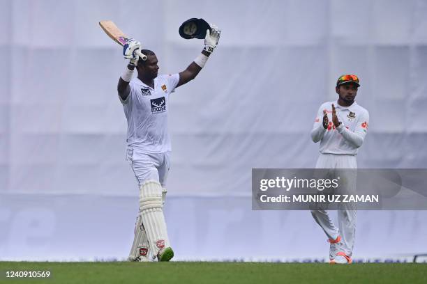 Sri Lanka's Angelo Mathews celebrates after scoring a century during the fourth day of the second Test cricket match between Bangladesh and Sri Lanka...