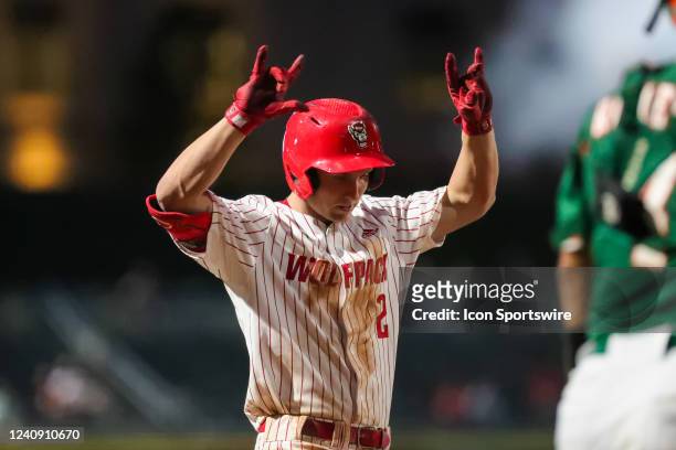 Noah Soles of the NC State Wolfpack celebrates after hitting a home run during the ACC Baseball Championship Tournament between the Miami Hurricanes...