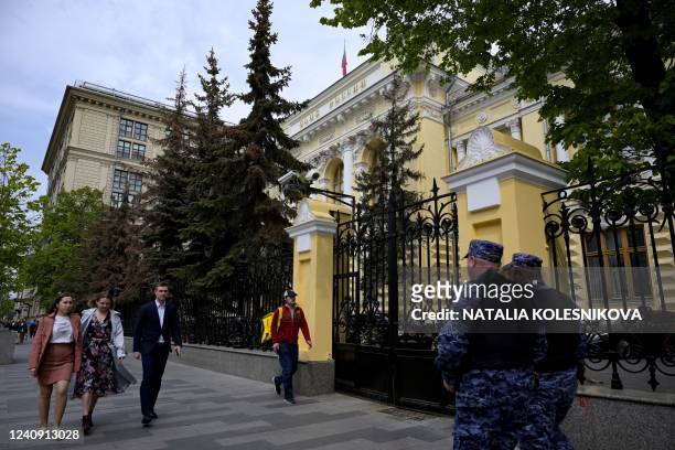 View of the Russian Central Bank headquarters in downtown Moscow on May 26, 2022. - Russia's central bank cut its key interest rate on May 26...