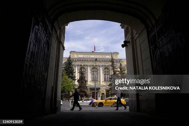 View of the Russian Central Bank headquarters in downtown Moscow on May 26, 2022. - Russia's central bank cut its key interest rate on May 26...