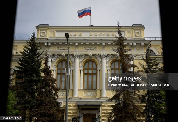 View of the Russian Central Bank headquarters in downtown Moscow on May 26, 2022. - Russia's central bank cut its key interest rate on May 26...