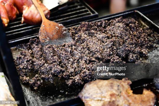 Blood sausage meal called Kaszanka is seen on a stand in Krakow, Poland on May 25, 2022.