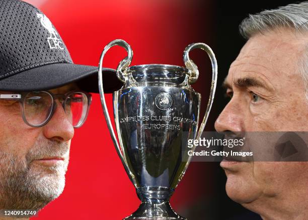 In this composite image a comparison has been made between Jurgen Klopp, Manager of Liverpool and Carlo Ancelotti, Head Coach of Real Madrid....
