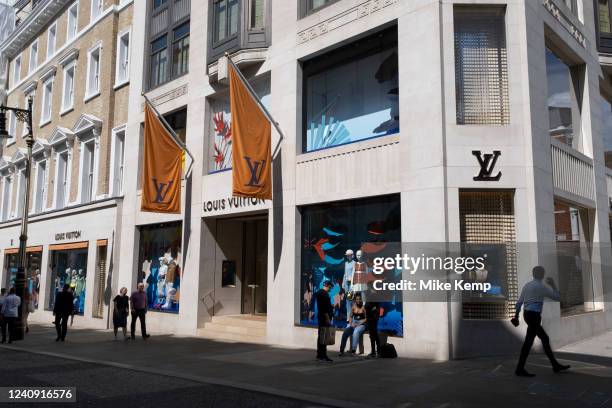 Exterior of exclusive clothes shop Louis Vuitton on New Bond Street in Mayfair on 17th May 2022 in London, United Kingdom. Bond Street is one of the...