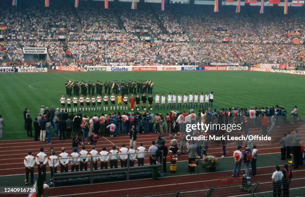 June 1988 Rheinstadion Dusseldorf, UEFA European Football Championship - West Germany v Italy, the players stand for the anthems.