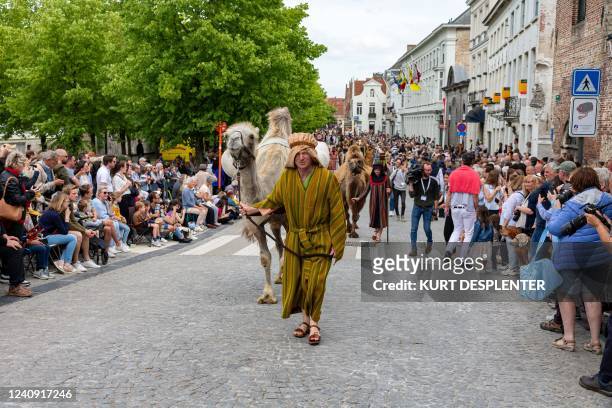 Illustration picture shows dromedary during the Holy Blood Procession event, on Thursday 26 May 2022 in Brugge. During the procession, the relic of...