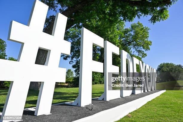 FedEx Cup signage is seen during the first round of the Charles Schwab Challenge at Colonial Country Club on May 26, 2022 in Fort Worth, Texas.