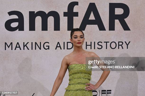 British actress Amy Jackson arrives on May 26, 2022 to attend the annual amfAR Cinema Against AIDS Cannes Gala at the Hotel du Cap-Eden-Roc in Cap...