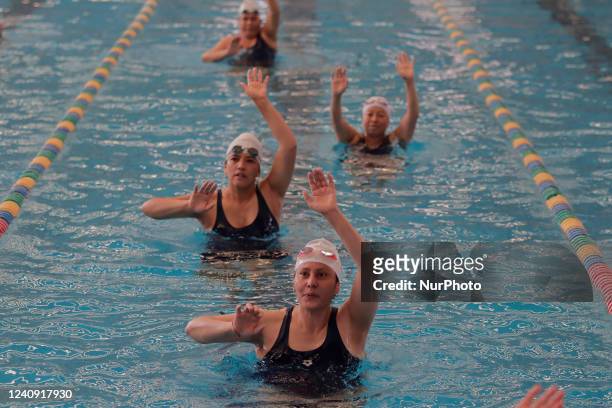 Group of inhabitants of Milpa Alta in Mexico City, during an exhibition of Aqua Zumba or zumba in the pool on the occasion of the 20th anniversary of...