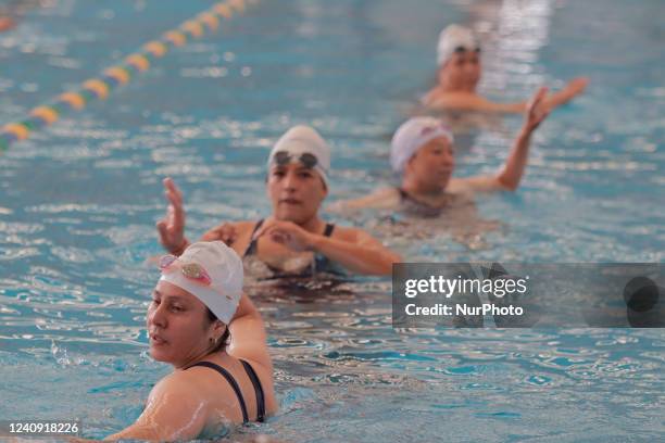 Group of inhabitants of Milpa Alta in Mexico City, during an exhibition of Aqua Zumba or zumba in the pool on the occasion of the 20th anniversary of...