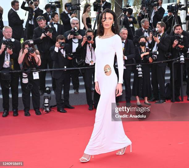 Model Bella Hadid arrives for the screening of the film Broker at the 75th annual Cannes Film Festival in Cannes, France on May 26, 2022.