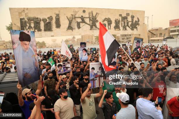 Supporters of Sadr Movement gather to celebrate after Iraqi Parliament approved bill banning ties with Israel in Baghdad, Iraq on May 26, 2022.