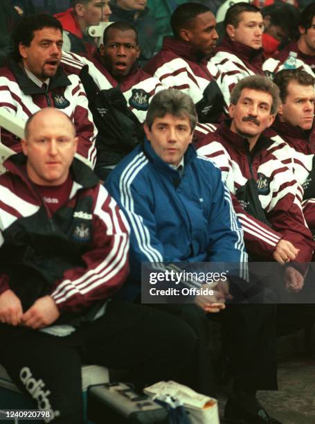 February 1996 Middlesbrough, Premier League, Middlesbrough v Newcastle United, Faustino Asprilla of Newcastle Utd sits behind manager Kevin Keegan...