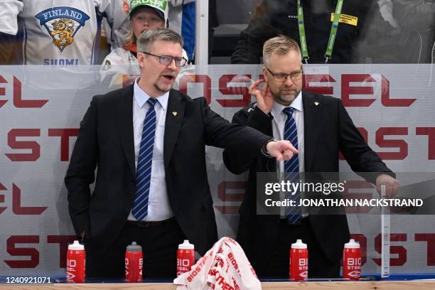 Finland's head coach Jukka Jalonen is pictured with assistant coach Mikko Manner during the IIHF Ice Hockey World Championships quarterfinal match...