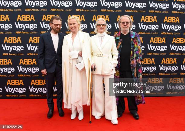 Björn Ulvaeus, Agnetha Fältskog, Anni-Frid Lyngstad and Benny Andersson attend the first performance of ABBA's "Voyage" at ABBA Arena on May 26, 2022...