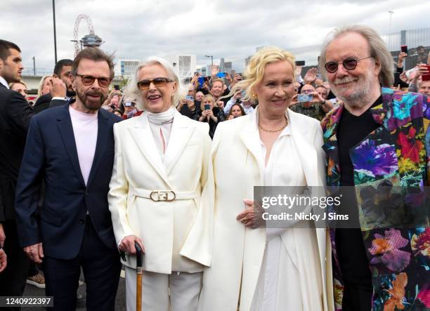 Björn Ulvaeus, Anni-Frid Lyngstad, Agnetha Fältskog and Benny Andersson say hello to the waiting fans ahead of the first performance of ABBA's...