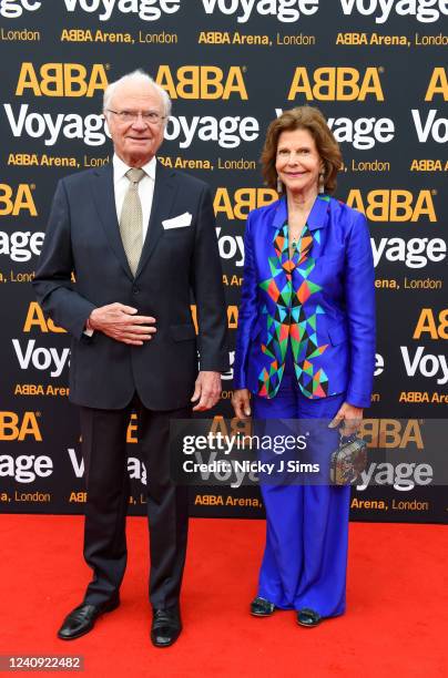 Carl XVI Gustaf King of Sweden and Queen Silvia of Sweden attend the first performance of ABBA's "Voyage" at ABBA Arena on May 26, 2022 in London,...