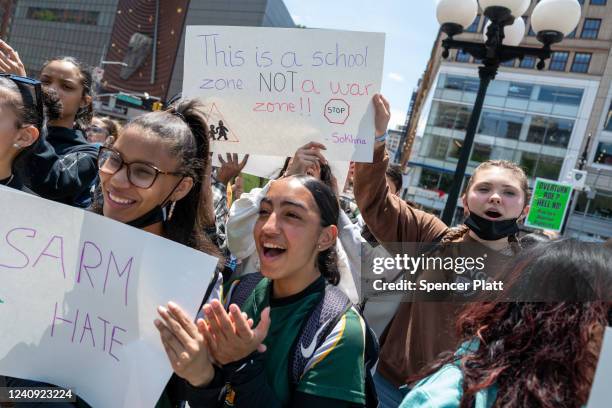 Students participate in a school walk-out and march in Manhattan to show their support for abortion rights and for gun control on May 26, 2022 in New...