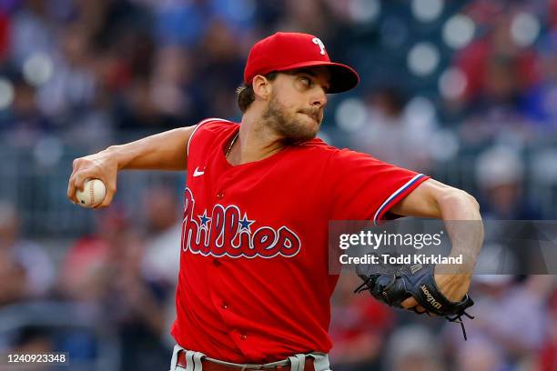 Aaron Nola of the Philadelphia Phillies pitches during the first inning against the Atlanta Braves at Truist Park on May 26, 2022 in Atlanta, Georgia.