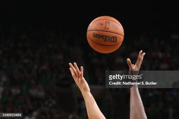 Generic basketball photo of two players reaching for the jump ball during Game 3 of the 2022 NBA Playoffs Eastern Conference Finals on May 21, 2022...