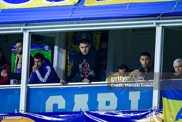 Former Boca Juniors player Roman Riquelme looks on during the Copa CONMEBOL Libertadores 2022 match between Boca Juniors and Deportivo Cali at...