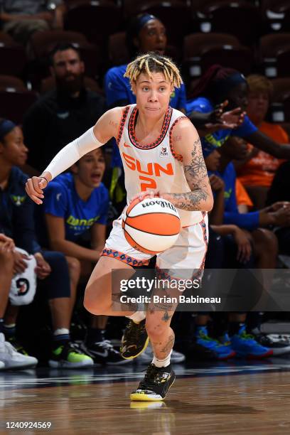 Natisha Hiedeman of the Connecticut Sun dribbles the ball during the game against the Dallas Wings on May 26, 2022 at Mohegan Sun Arena in...