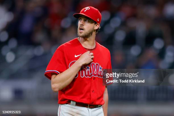 Aaron Nola of the Philadelphia Phillies is pulled from the game during the ninth inning against the Atlanta Braves at Truist Park on May 26, 2022 in...