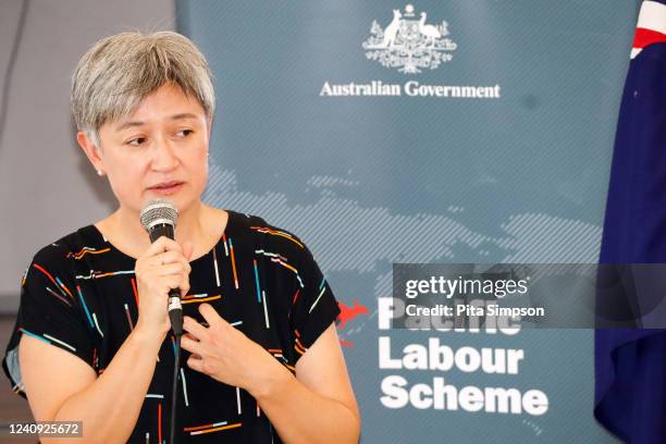 Australian Foreign Minister Penny Wong speaks to a group of people who will be leaving Fiji to work in Australia under the Pacific Australian Labour...