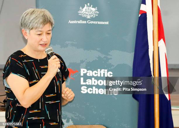 Australian Foreign Minister Penny Wong speaks to a group of people who will be leaving Fiji to work in Australia under the Pacific Australian Labour...