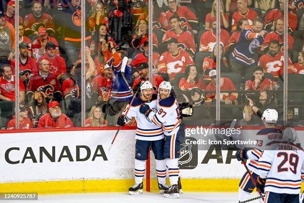 Edmonton Oilers Right Wing Zach Hyman celebrates a goal with Edmonton Oilers Center Connor McDavid during the second period of game 5 of the second...